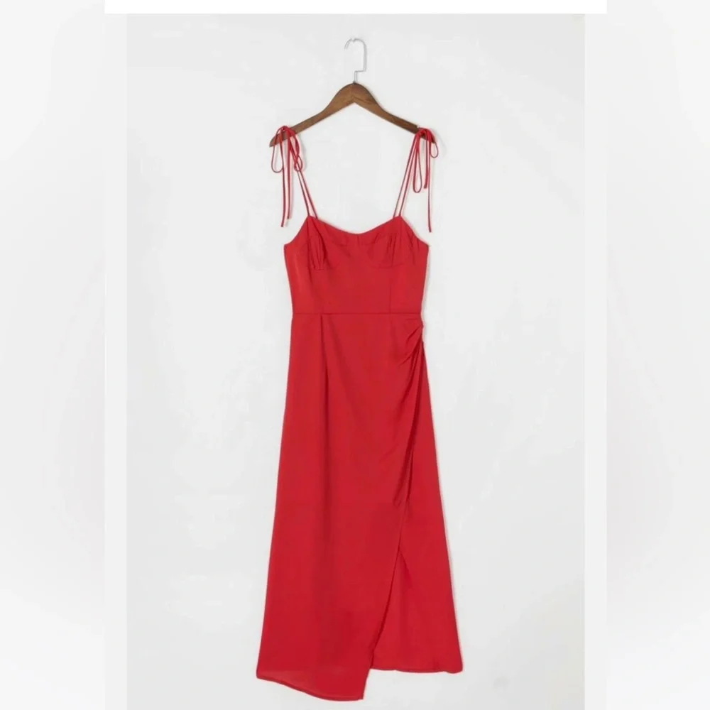 Red Dress midi cocktail party date slit bustier tie bow straps corset sweetheart - Picture 2 of 7